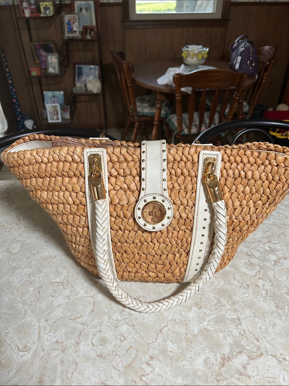 MICHAEL Michael Kors Natural Straw Tote with White Trim and Gold Hardware